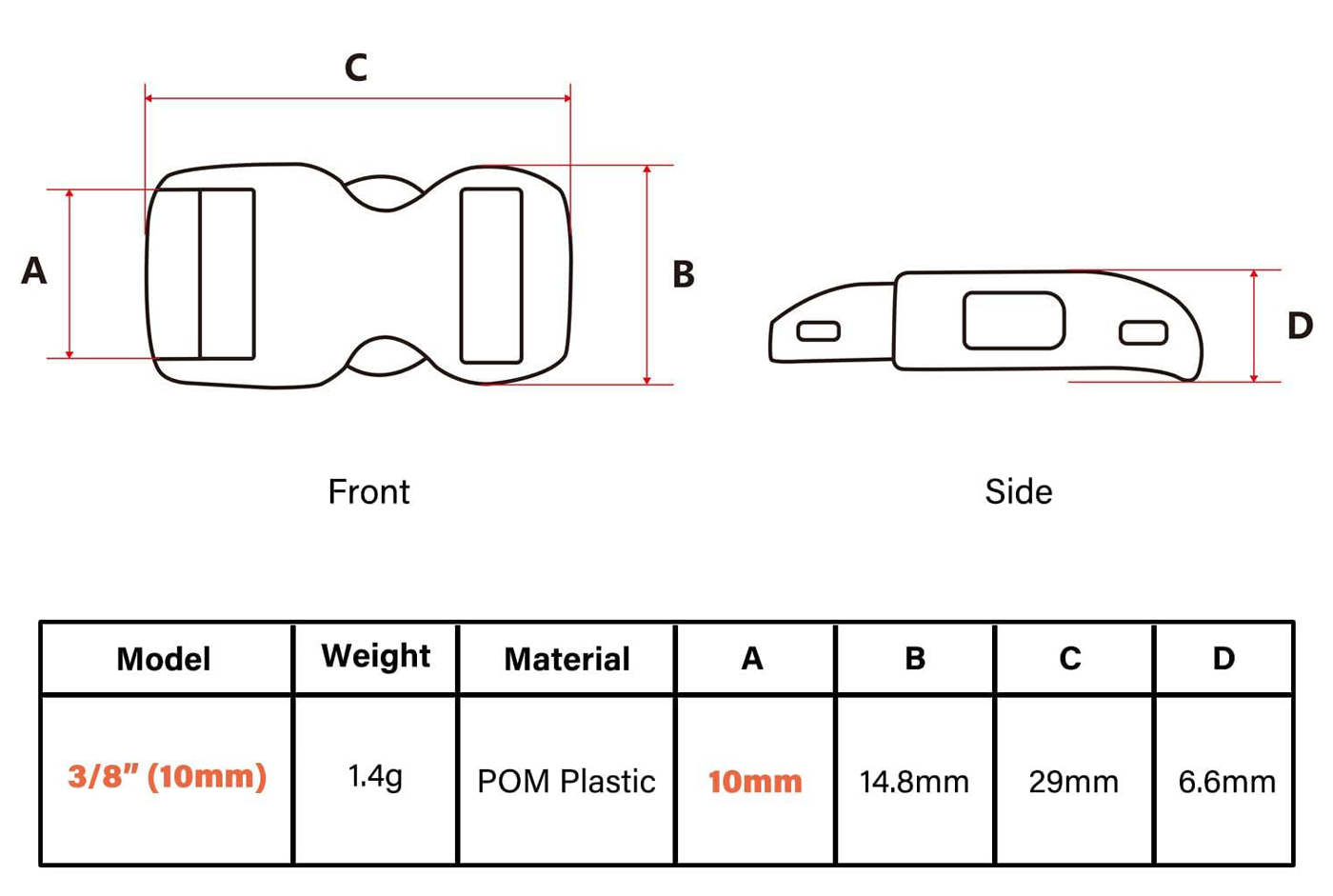 	 3/8″ 10mm Side Release Plastic Paracord Buckles